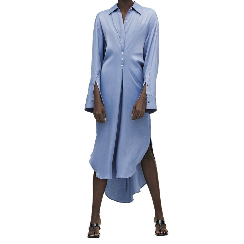 Zara sky blue satin midi long sleeve shirt dress blogger favorite